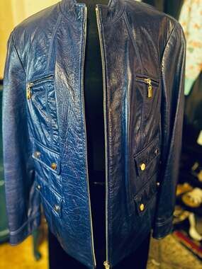 Doncaster Sport Blue Leather Zip-Up Utility Jacket with Gold Hardware